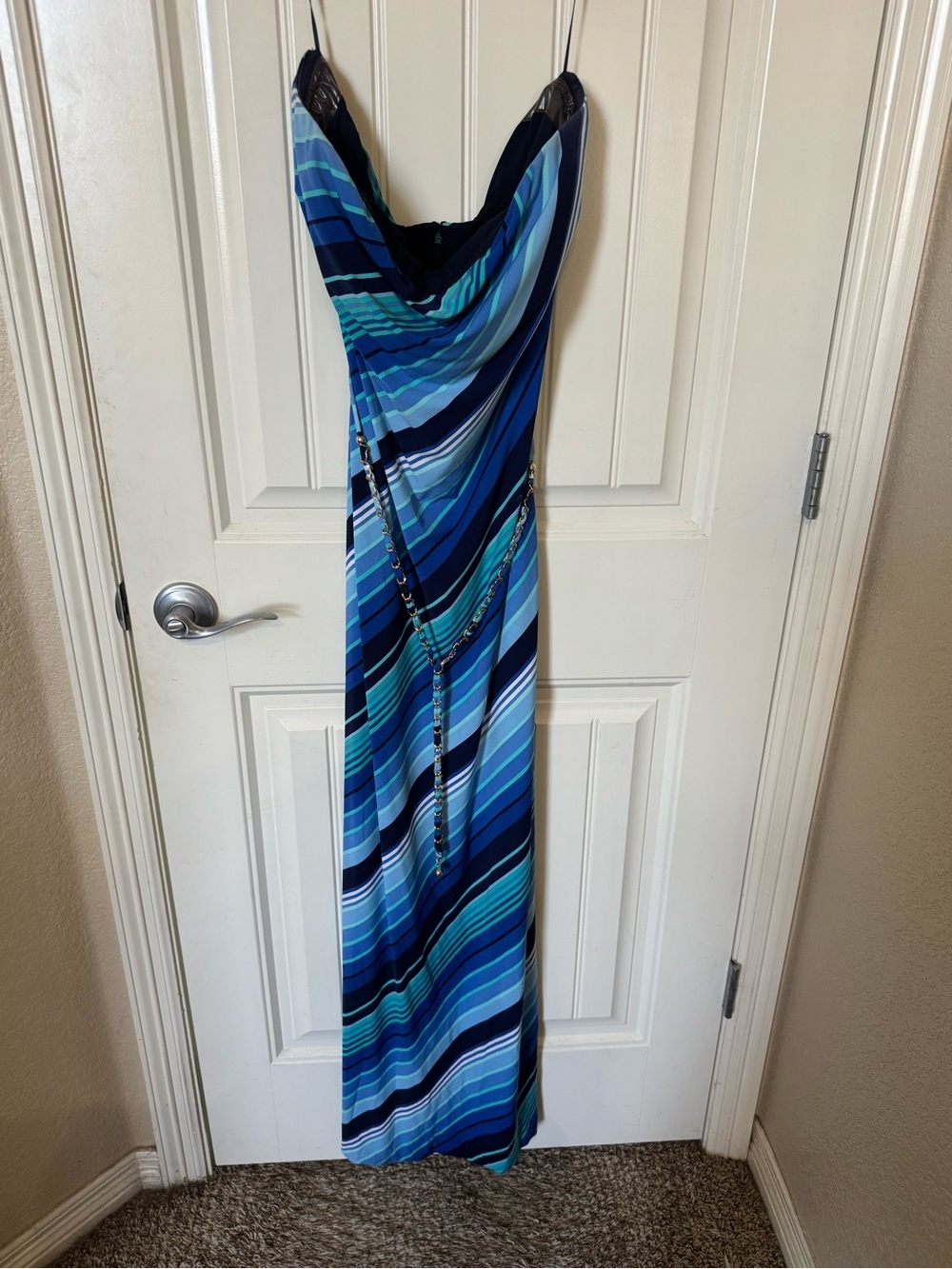 Cache Blue Striped Cowl-Neck Maxi Dress